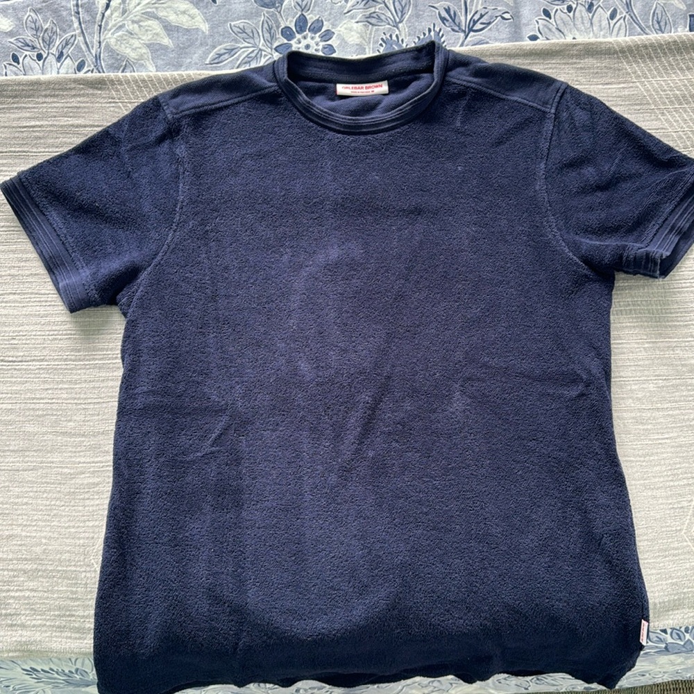 Orlebar Brown navy terry cloth T-shirt.
